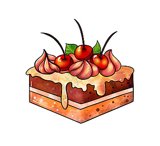 一幅彩色图画的插图 上面是甜食橙棕色方形蛋糕 上面是奶油 在白色孤立的背景上装饰着坚果和红樱桃图片