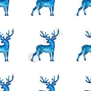 手绘仙鹿驯鹿圣诞水彩鹿雄鹿无缝图案蓝色 或的手绘动物驼鹿背景或墙纸 冬青 自然背景