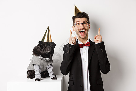 穿着派对锥狗和站在快乐的主人身边 男人在复制空间指着手指 庆祝生日 白背景等可爱的黑小狗 圣诞节 潮人图片