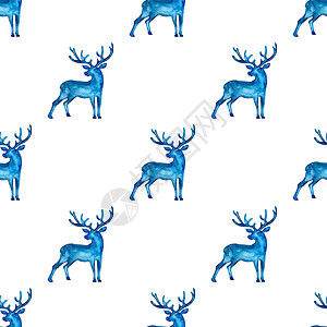 手绘仙鹿驯鹿圣诞水彩鹿雄鹿无缝图案蓝色 或的手绘动物驼鹿背景或墙纸 艺术 圣诞老人背景