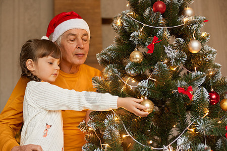 老人和他的小孙女在家里装饰圣诞树 老人戴着圣诞老人帽和橙色衬衫 小孩穿着白色毛衣图片