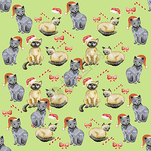 圣诞猫水彩手工无缝图案数码纸背景 冬天 婴儿图片