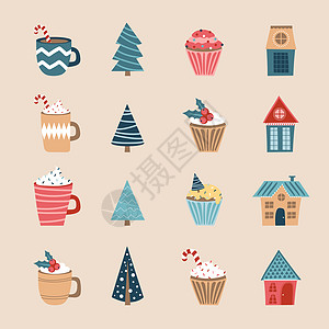 圣诞快乐图标集 节假日图标 杯 纸杯蛋糕 房屋和树木图片