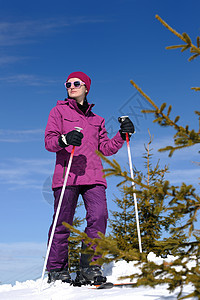 冬季妇女滑雪 运动 微笑 滑雪者 冬天 天空 山 木板图片