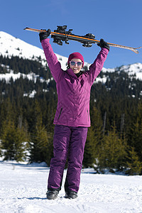 冬季妇女滑雪 时尚 蓝色的 乐趣 阿尔卑斯山 户外 女孩 运动图片