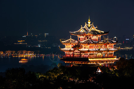 中国杭州市城神帕维良 黄宝石之夜照亮的夜景 吸引力 日落图片