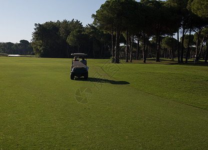 赛道上驾驶推车的高尔夫球运动员 玩家 课程 美丽的图片