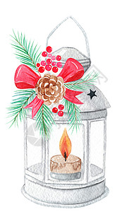 蜡烛灯灯 白色背景上装饰白底的fir树枝图片