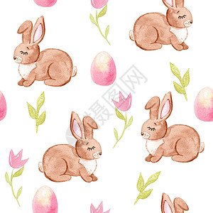 水彩手抽取东方褐兔子 粉红鸡蛋和白色背景的鲜花无缝图案 可以用作邀请模板剪贴 壁纸 布页 印刷 纺织 包装纸图片
