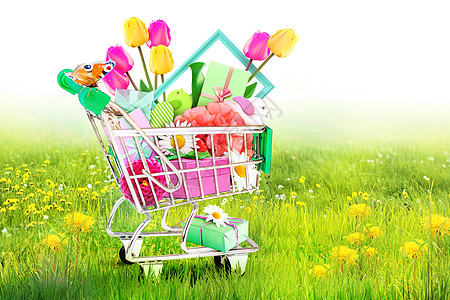 小型购物车 配有多彩鲜花和蝴蝶 营销 母亲图片