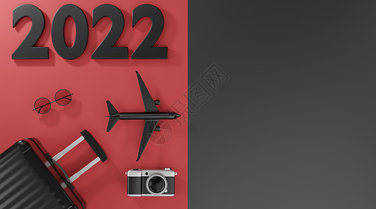 3d 2022年 旅行概念手提箱相机飞机和墨镜 黑色和红色背景图片