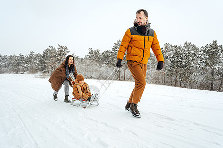 父亲在冬天拉着小儿子上雪橇 乐趣 男性 山 孩子图片