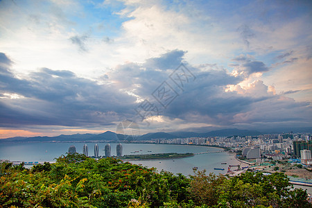 中国海南岛风景日落海景 建筑学 摩天大楼 支撑 天蓝色 水图片