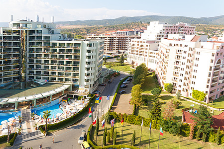四星酒店外观的景象 蓝色的 阳伞 欧洲 旅行 建筑学图片