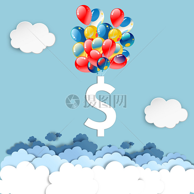 气球上吊着金融货币金币符号图片