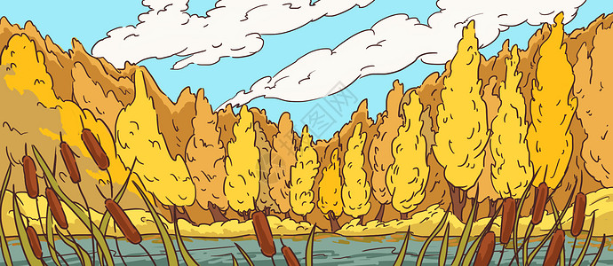 金秋树林金黄的秋天插画图片免费下载高清图片