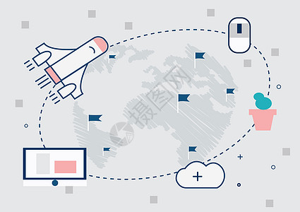 火箭起飞信息化一体化云数据背景插画