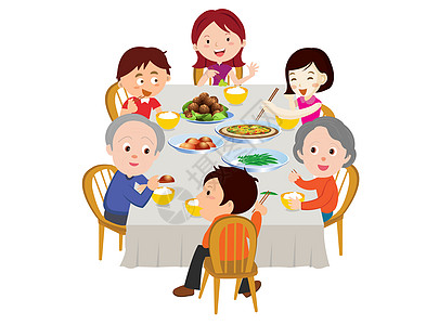 矢量小孩一家人六口人一起吃饭插画