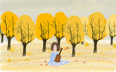 手绘秋季女孩户外弹吉他插图背景图片