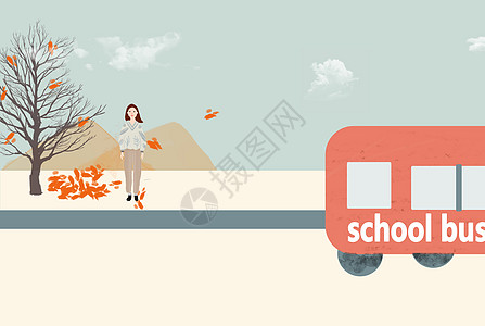 黄色纯色背景手绘秋天里等校车的女孩插画
