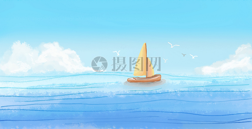 手绘水彩海面帆船背景图片