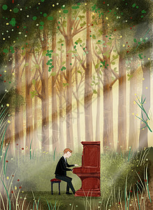 认真的人森林里弹钢琴的人插画