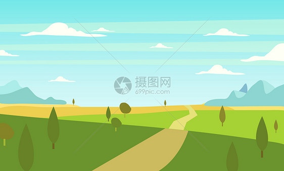 手绘田野道路绿色风景图片
