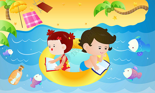 海边太阳伞儿童插画设计图片
