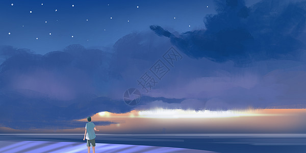 夜晚海滩星空插画图片