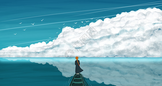 大海船手绘大海与少女蓝色背景插画