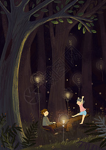 树林里玩耍的小孩背景图片