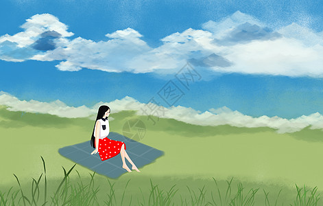 草原的女孩插画高清图片