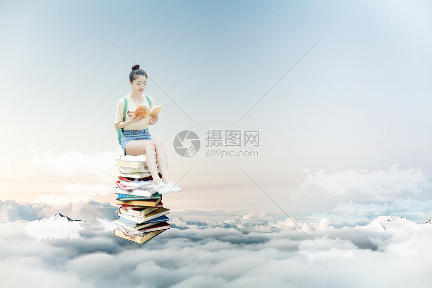 在云端看书的气质女孩图片