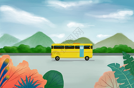 公路上的公交车插画高清图片