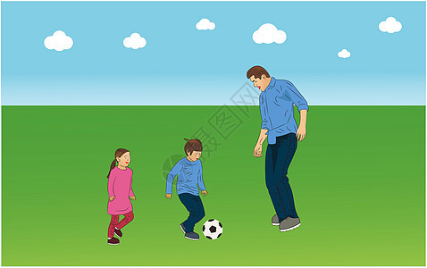 父亲和儿女们一起在草地上踢足球图片