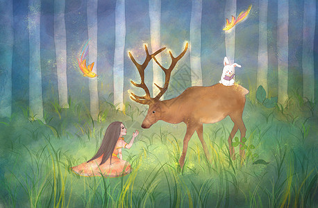 女孩与鹿温馨插画背景图片