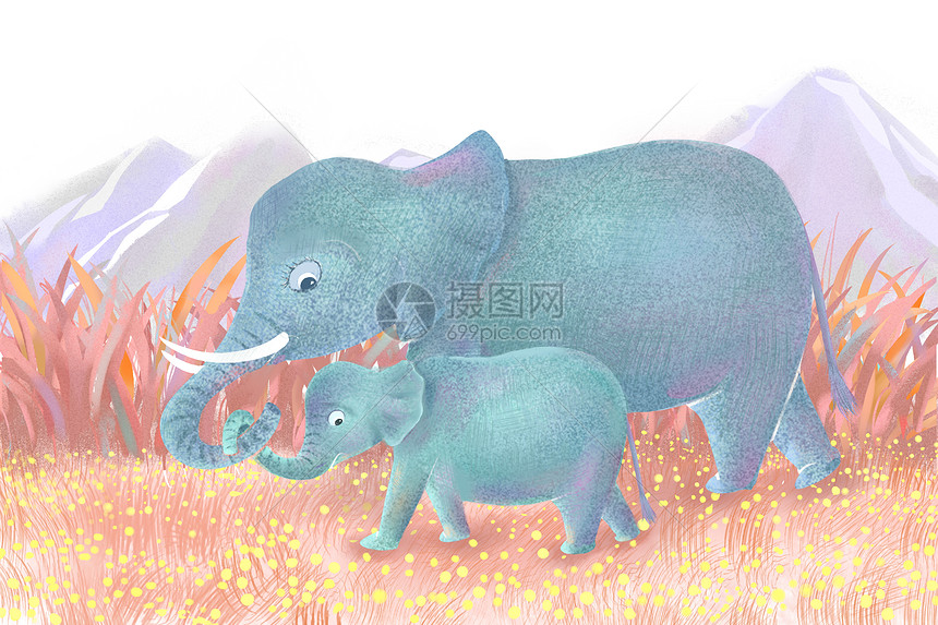 大象亲子插画图片
