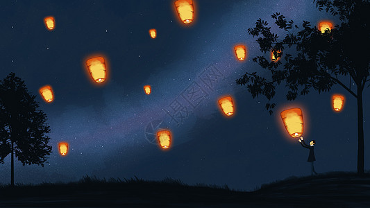 黑夜壁纸孔明灯与银河插画插画