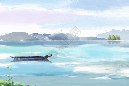 优美的风景手绘湖面风景插画