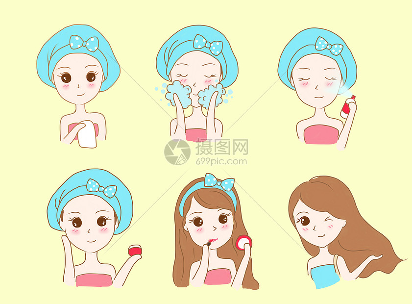 手绘卡通美容流程插画图片素材_免费下载_ps