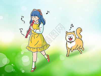 小女孩和柴犬狗手绘插画图片