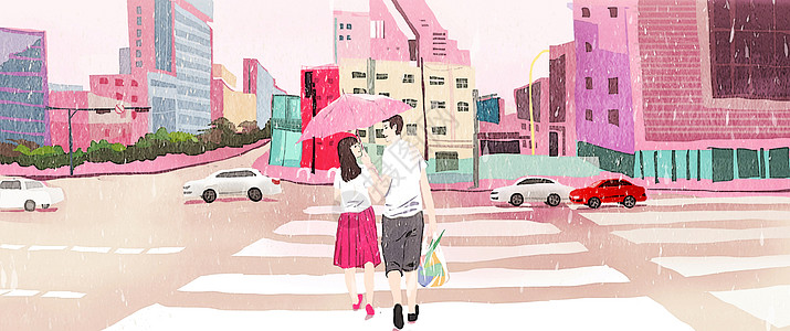 雨天打伞粉红城市情侣插画插画