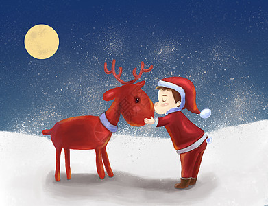 圣诞节小男孩和鹿插画