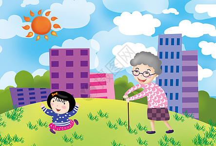 老年跑步和奶奶一起散步插画