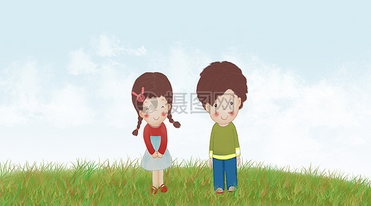 草地上站着的男孩女孩高清图片