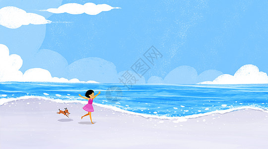 老年陪伴海边奔跑的小女孩插画
