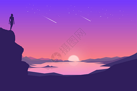 黄昏山星空中的夕阳插画