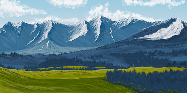 蓝天山峰雪山下的自然风光插画插画