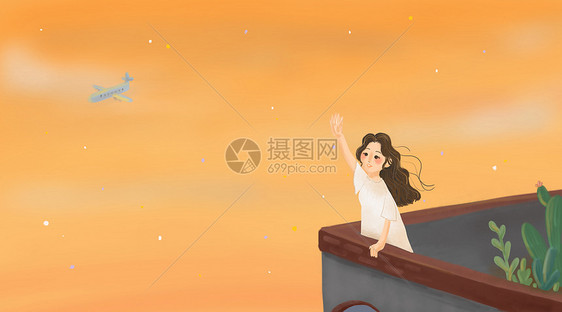 天台道别女孩治愈唯美插画图片