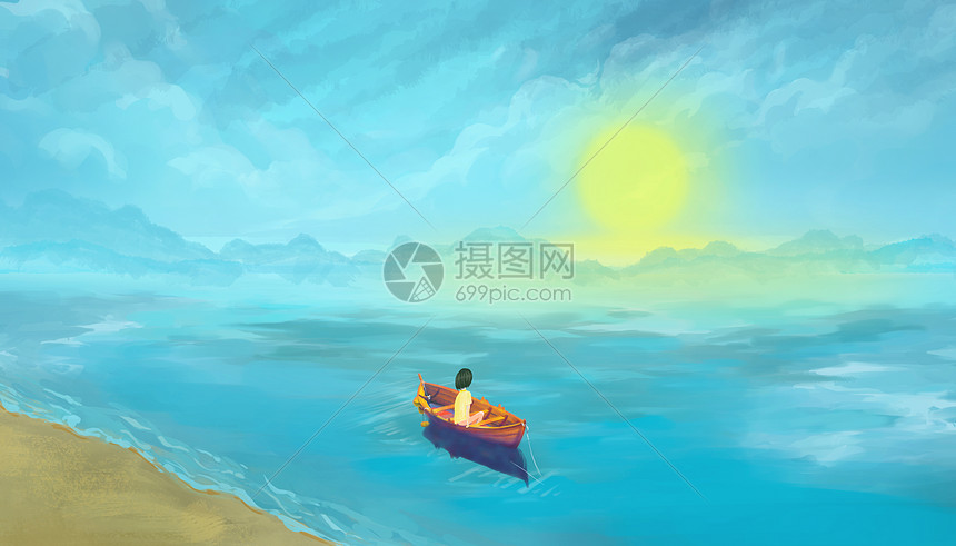 夕阳下治愈系插画图片